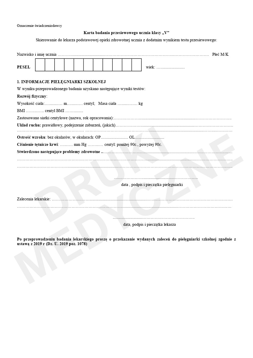 karta badania przesiewowego ucznia klasa V druk a4
