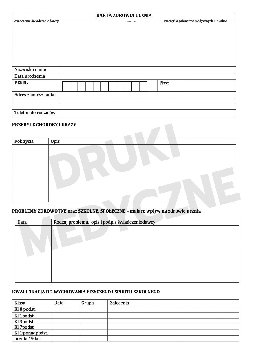 karta zdrowia ucznia druk medyczny A5 dokumentacja szkolna