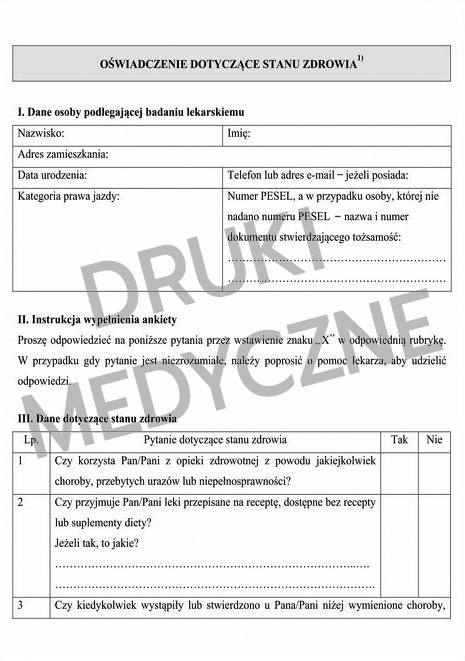 oświadczenie dotyczące stanu zdrowia kierowcy druk medycyna pracy