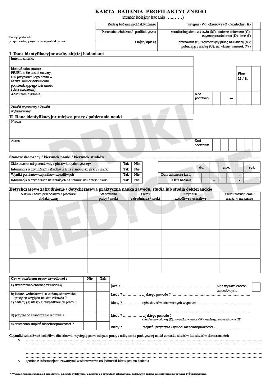 karta badania profilaktycznego A3 składana A4