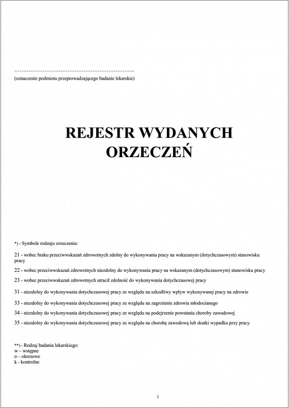 rejestr orzeczeń zdolność do pracy druk