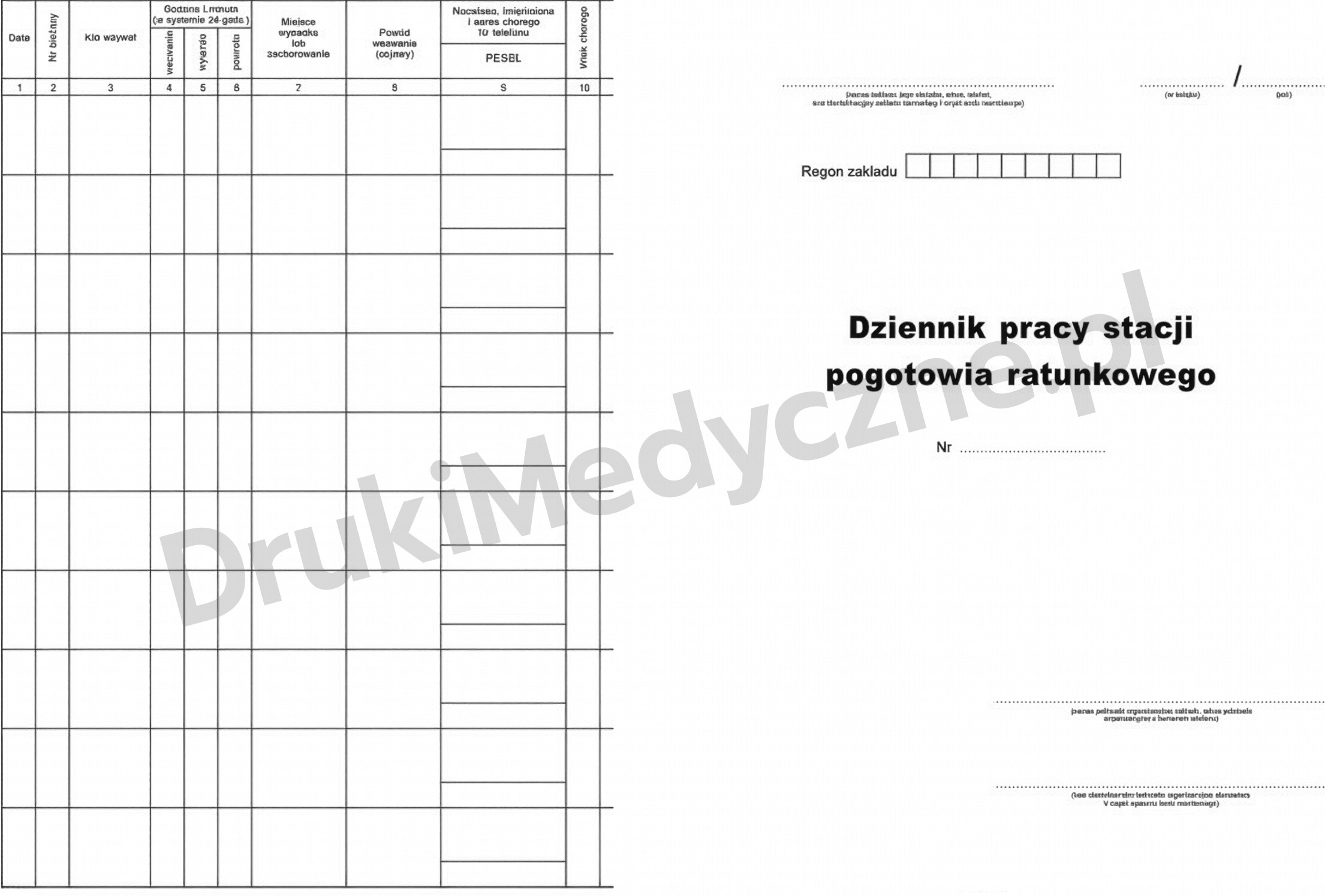 Dziennik pracy stacji pogotowia ratunkowego – okładka i formularz