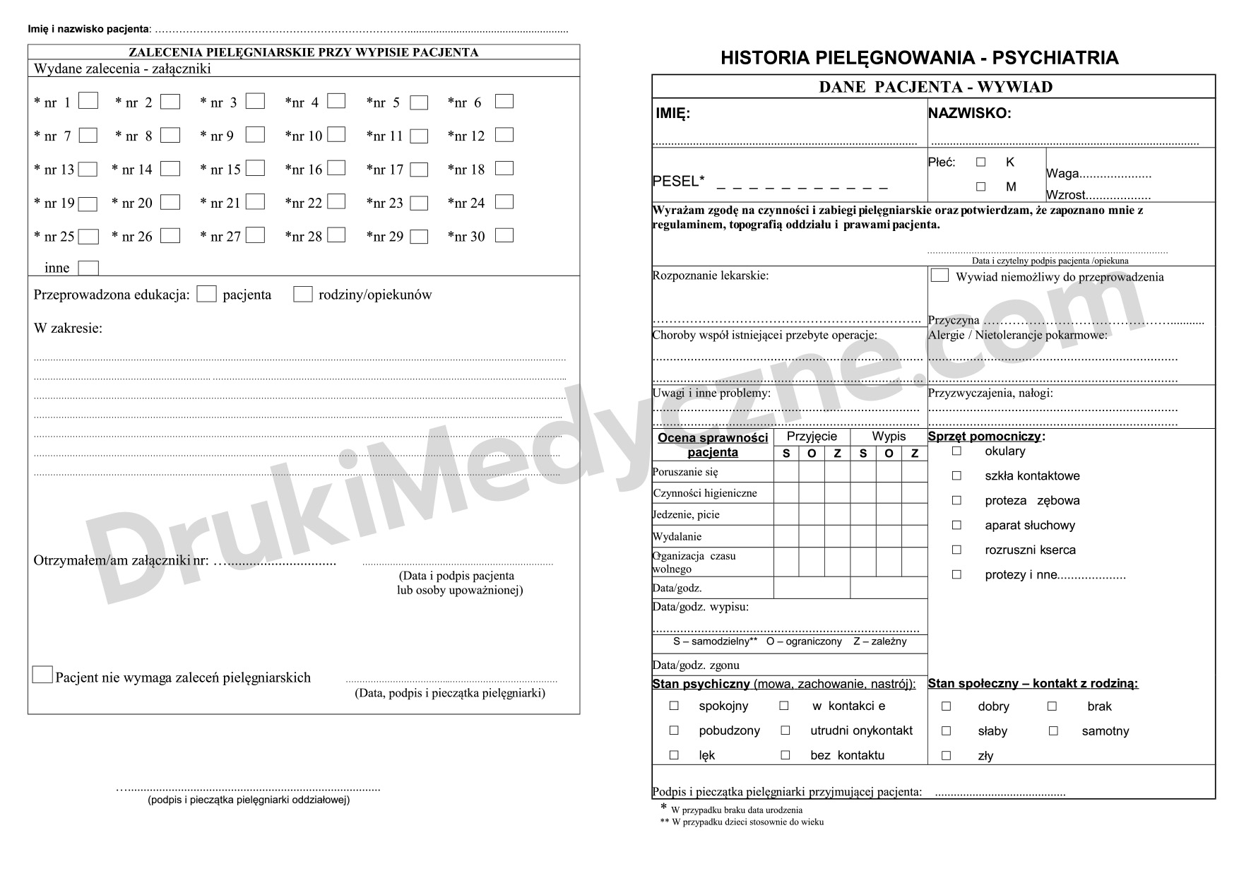 Historia pielęgnowania psychiatria druk A3 składany A4 – dane pacjenta i wywiad