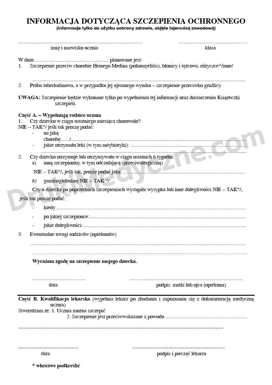 Informacja dotycząca szczepienia ochronnego – druk A5 przód