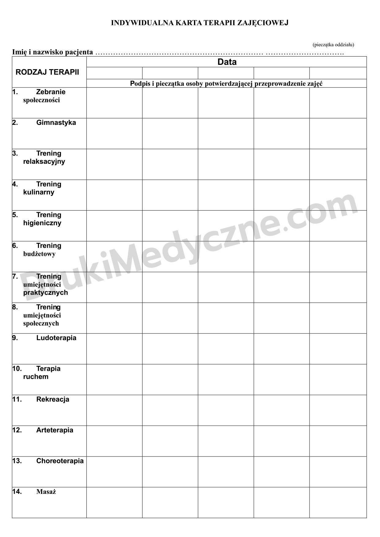 karta terapii zajęciowej A4 druk dokumentacja medyczna