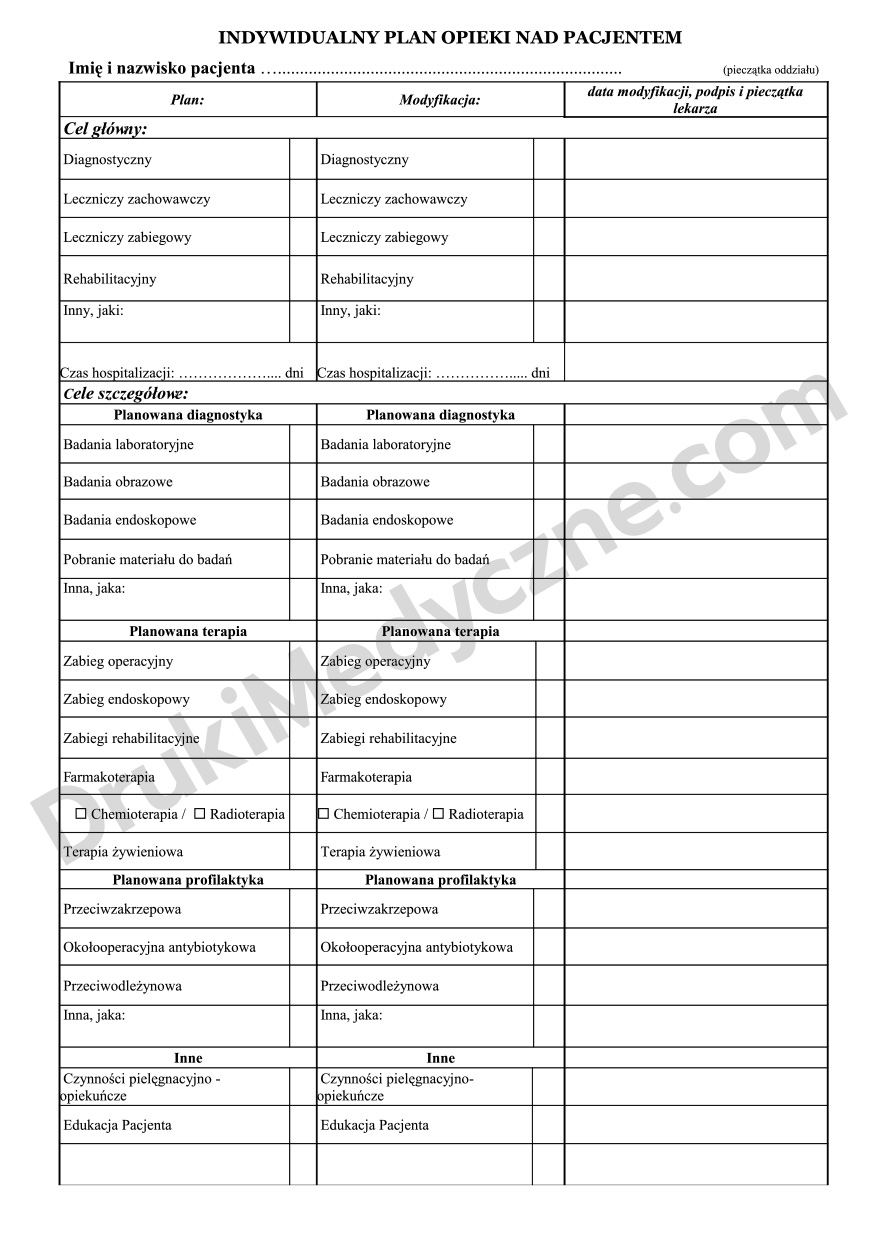 indywidualny plan opieki nad pacjentem druk A4
