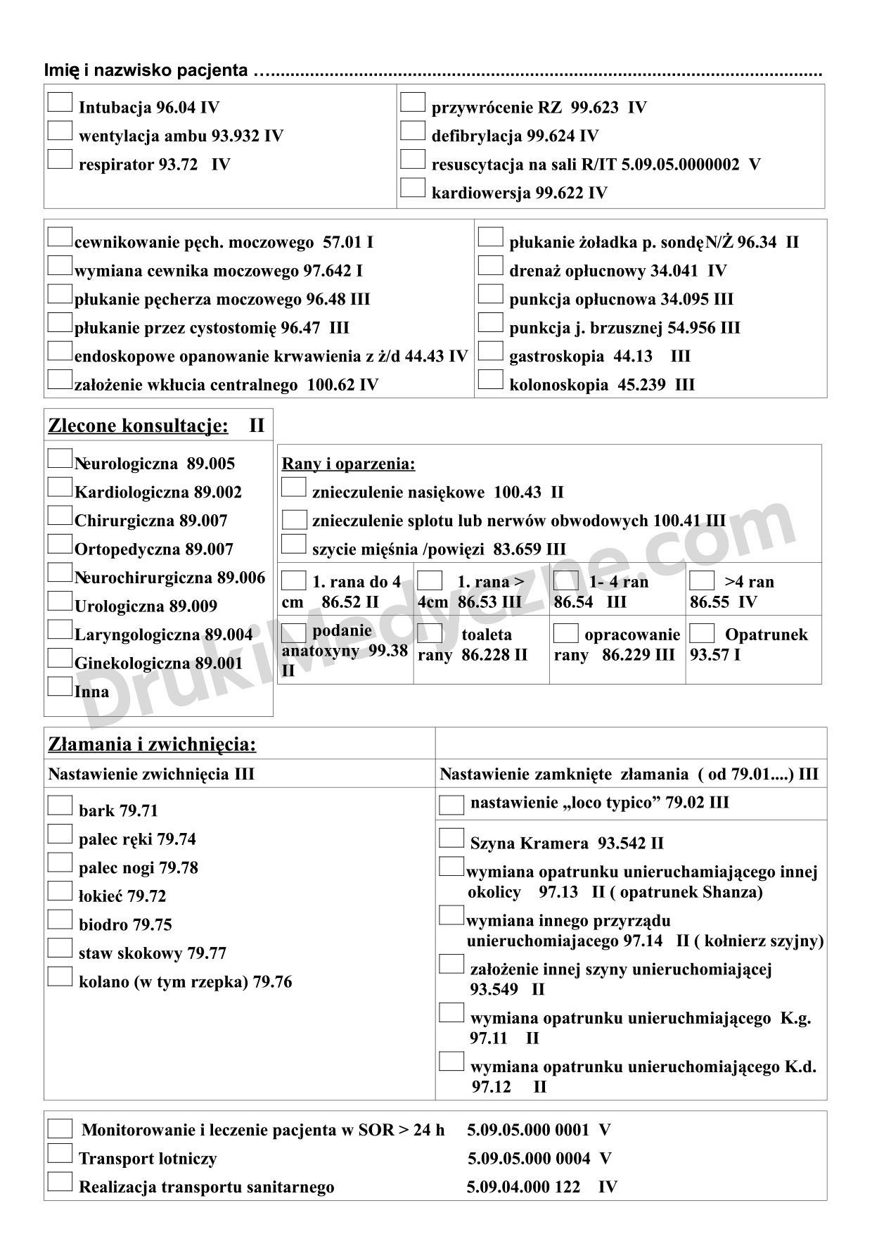 karta czynności SOR A4 druk medyczny
