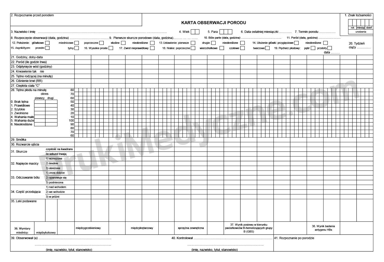 Karta obserwacji porodu druk – formularz A4 przód