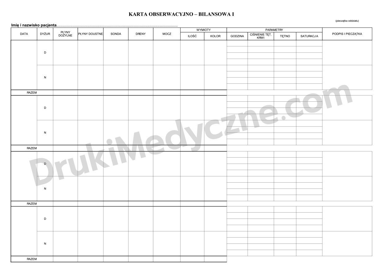 Karta Obserwacyjno-Bilansowa A4 druk medyczny