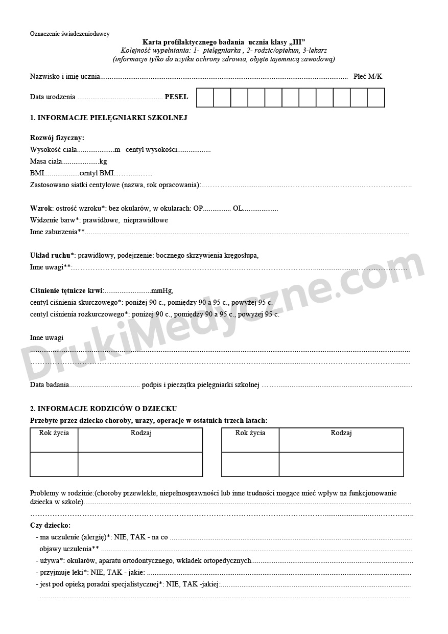Karta Profilaktycznego Badania Ucznia Klasy III druk medyczny