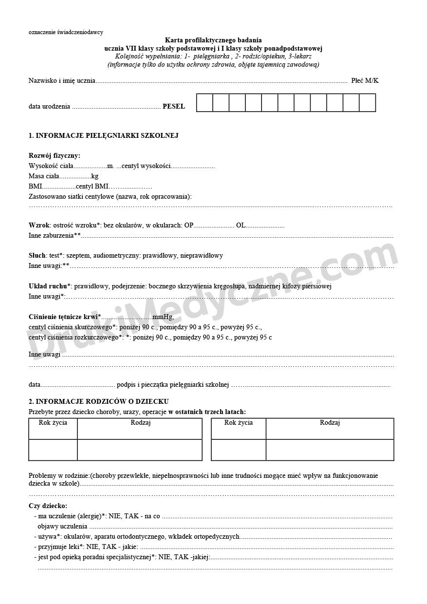 Karta profilaktycznego badania ucznia klasy VII i I ponadpodstawowej – bloczek 100 sztuk