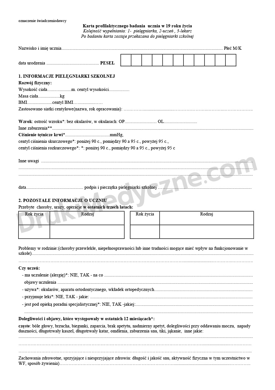 Karta badania ucznia 19 lat – profilaktyczna, przód