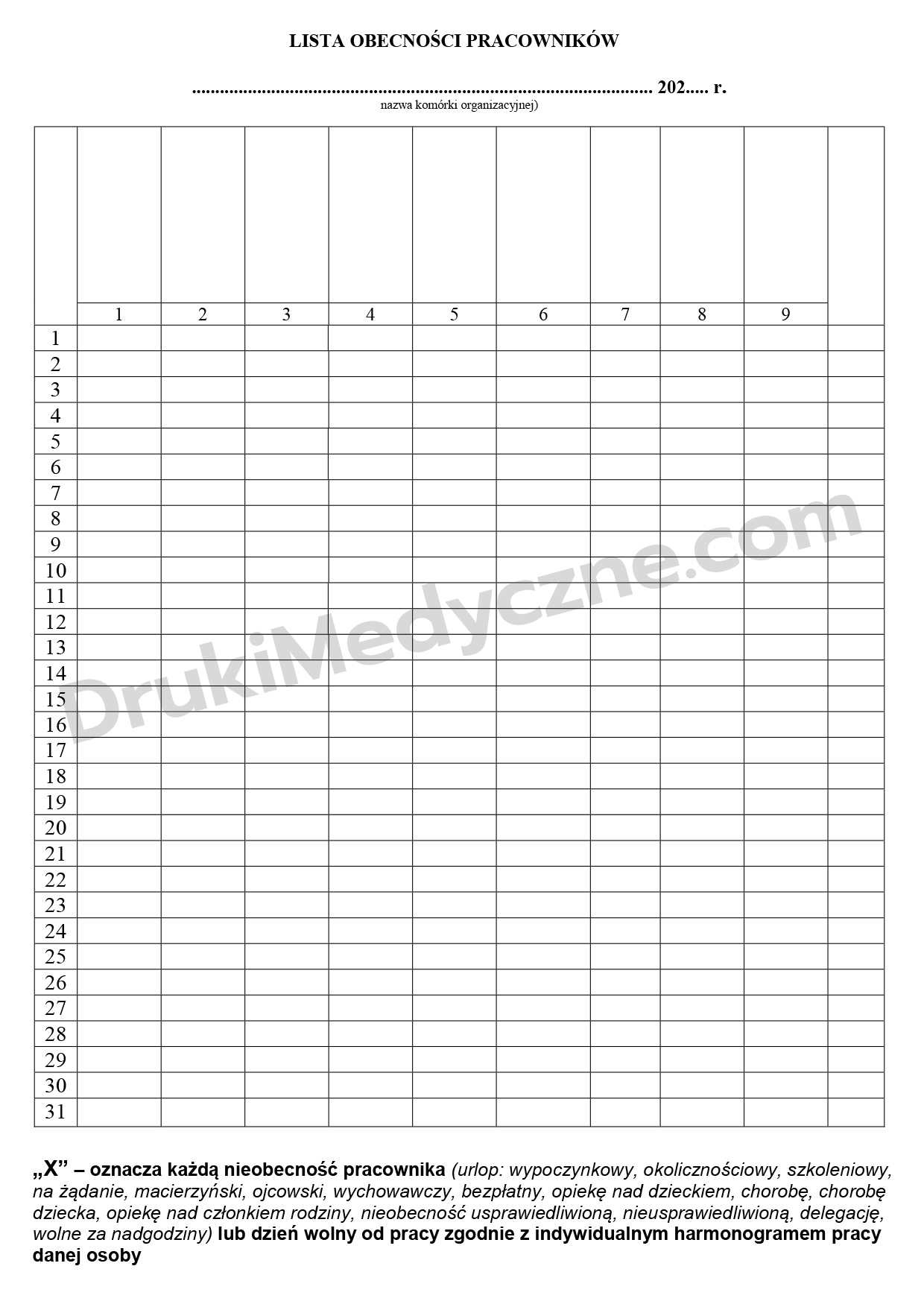 lista obecności pracowników A4 druk ewidencja czasu pracy