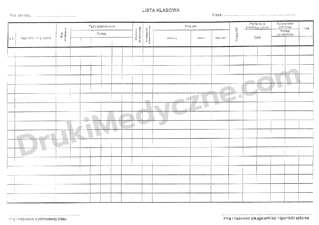 lista klasowa A4 druk szkolny dwustronny