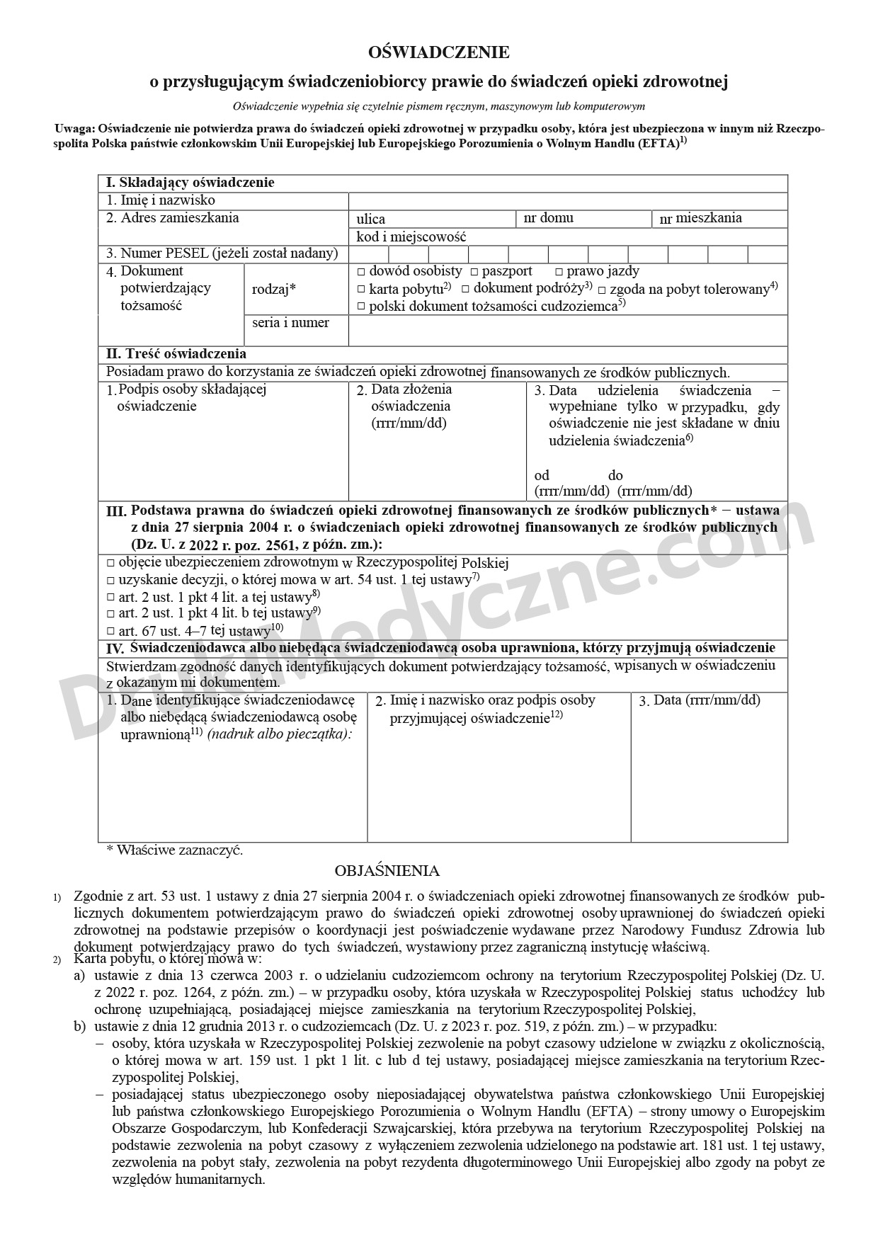 Oświadczenie prawo do świadczeń zdrowotnych bloczek 100 sztuk A4