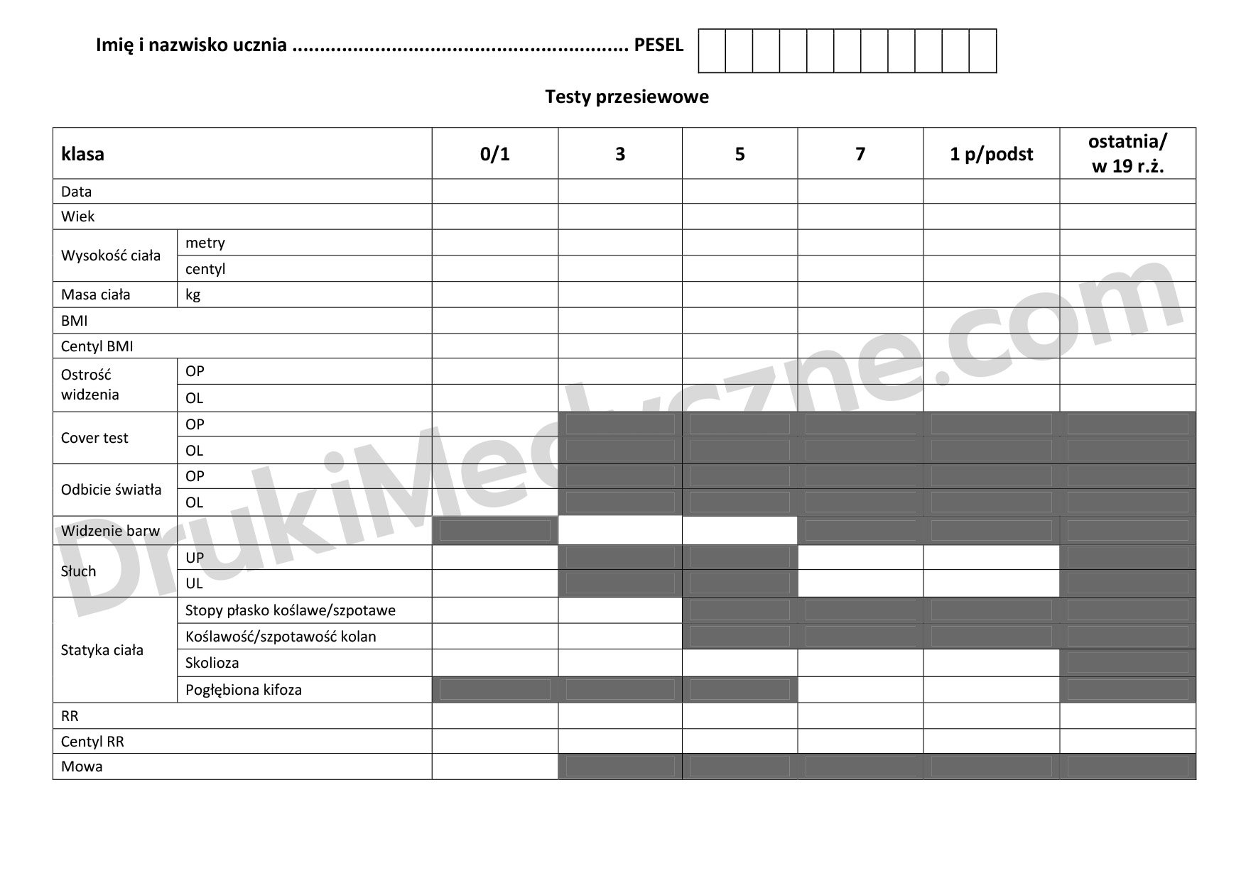 Testy przesiewowe ucznia druk – karta pomiarów przód