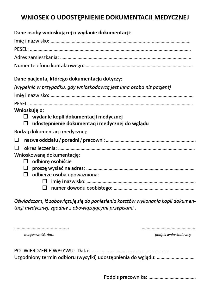 wniosek o udostępnienie dokumentacji medycznej druk A5