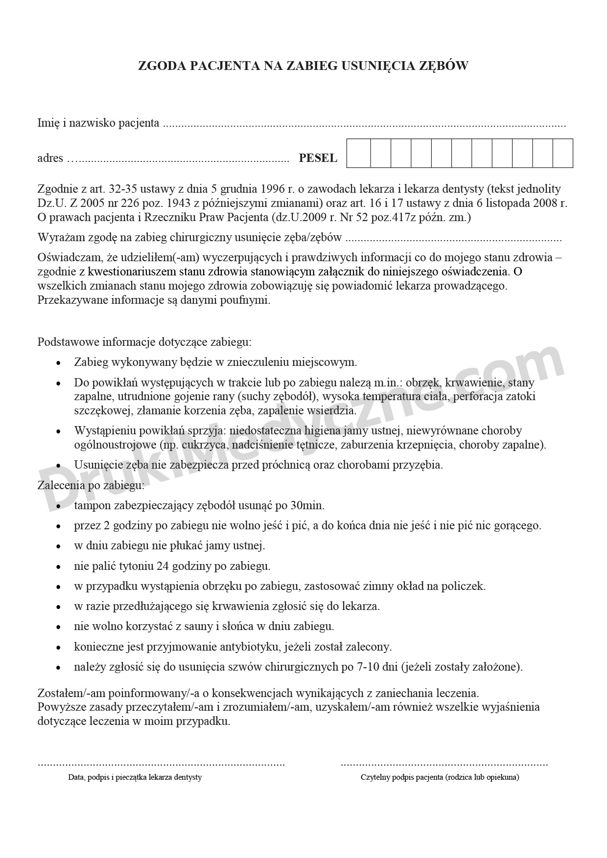 zgoda pacjenta usunięcie zęba druk A4