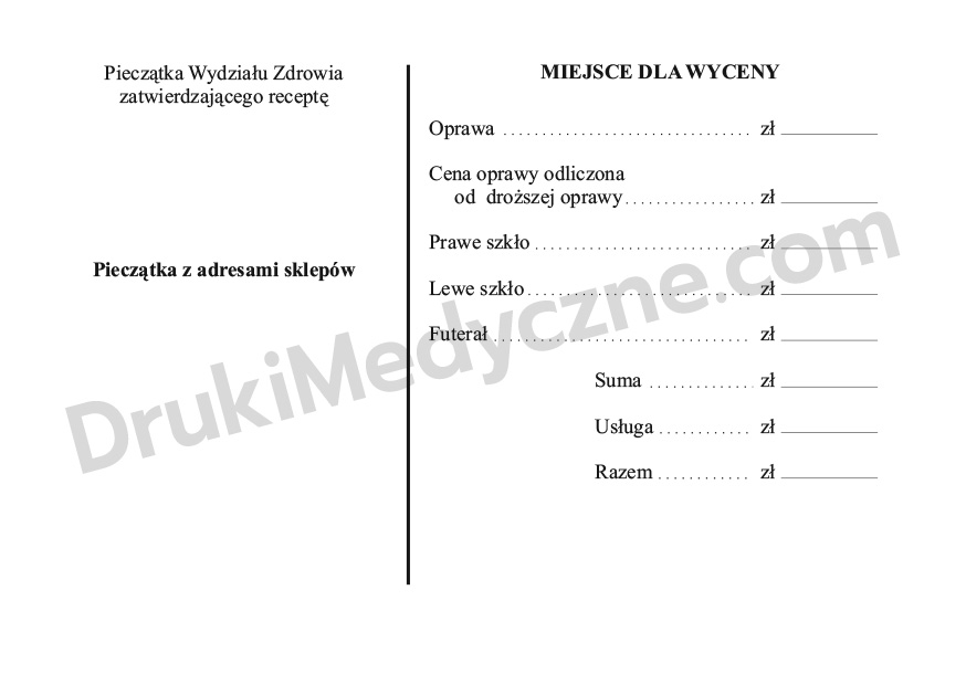 Recepta na okulary – tył formularza miejsce na wycenę