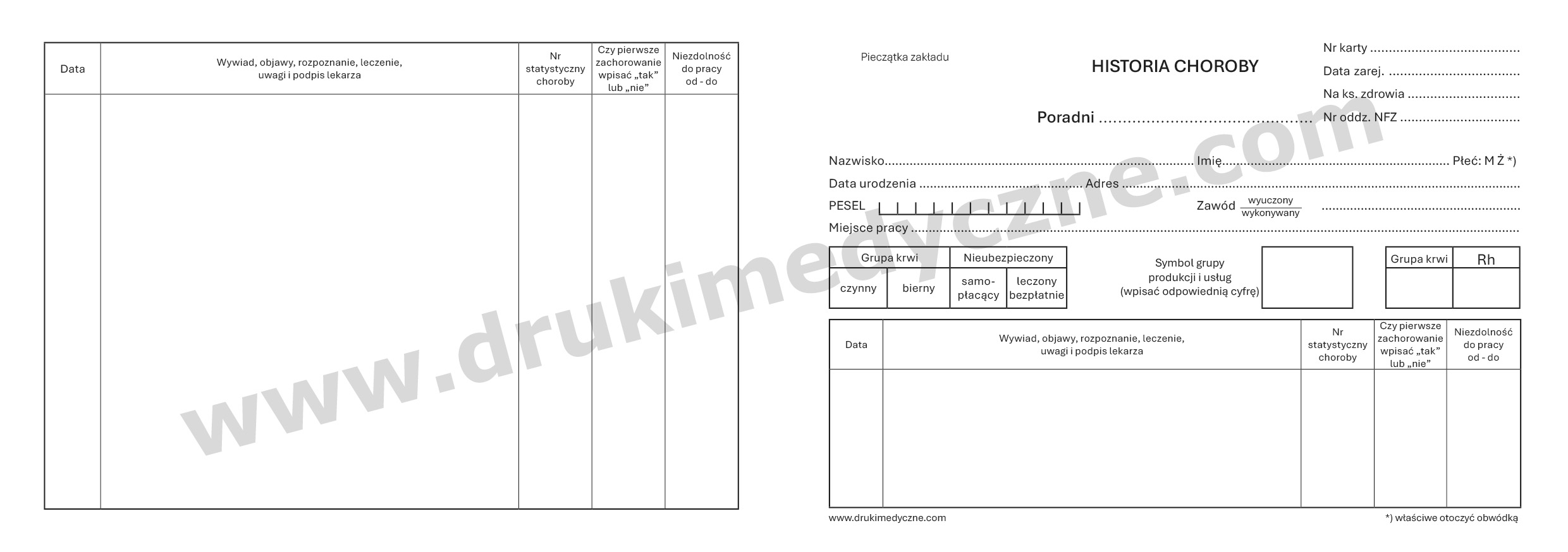 Historia choroby poradni Mz/Og-2 druk medyczny dokumentacji pacjenta